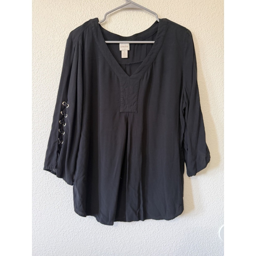 Chico's Black Blouse Size 3 XL V-Neck Lace Up Sleeve Boho Casual Top - Picture 2 of 14